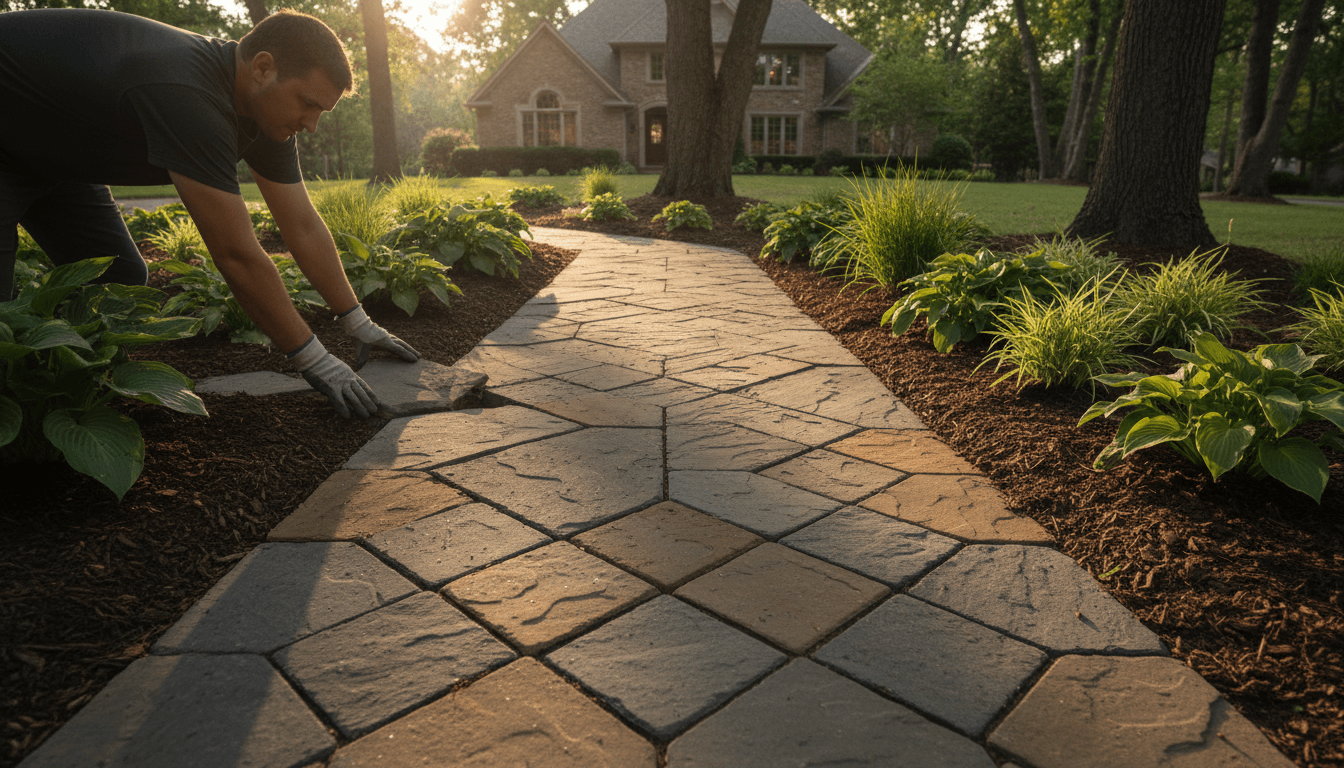 Professional landscaper creating a garden pathway with natural stone and plantings