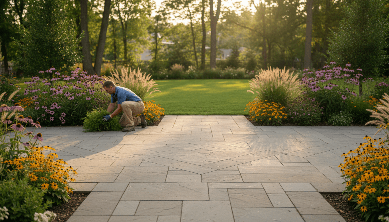 Professional landscaper working on outdoor garden design and landscaping project