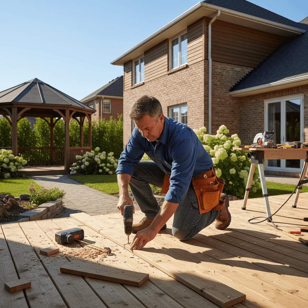 Craftsman installing outdoor garden features