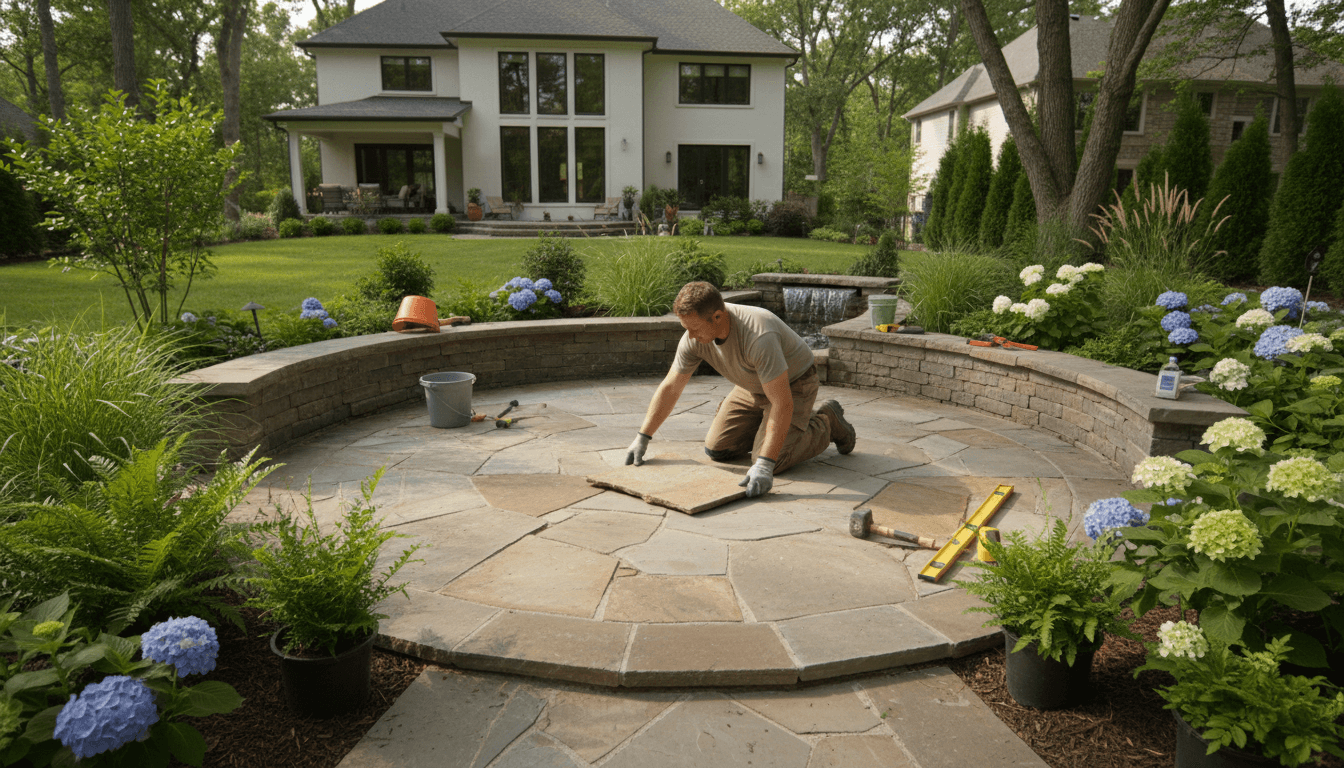 Professional landscaper installing stone patio with surrounding garden beds and green plants