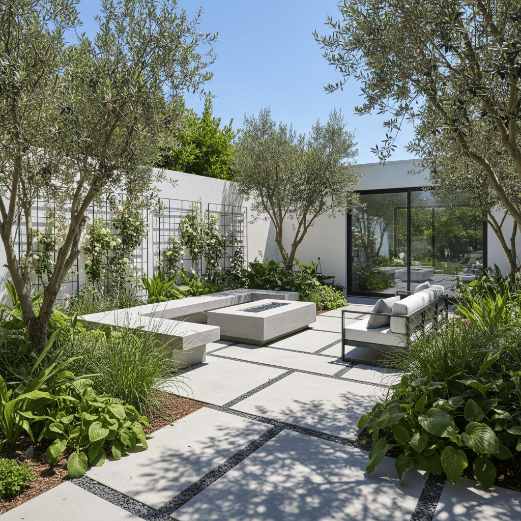 Completed garden landscaping project with patio and plantings