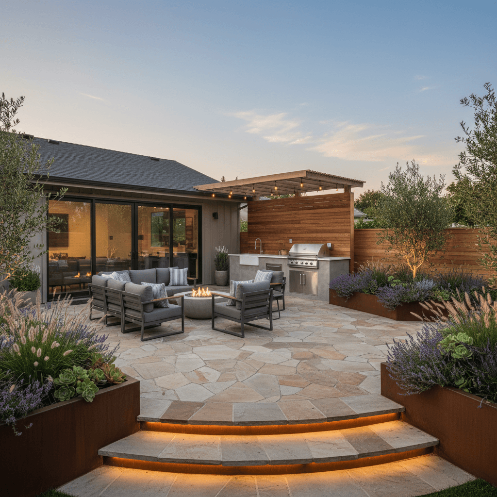 Completed backyard transformation with hardscaping